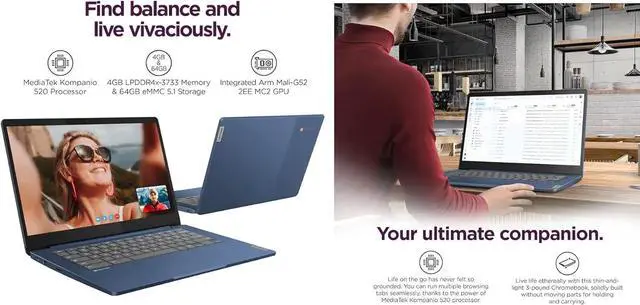 Alt view image 6 of 7 - Lenovo IdeaPad Slim 3 82XJ0000US Abyss Blue Chromebook 14" IPS FHD Touchscreen Display, MediaTek Kompanio 520, 4GB RAM, 64GB eMMC SSD, WiFi 6, USB-C, ChromeOS, w/Dockztorm Wireless Mouse
