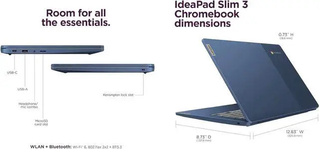 Alt view image 7 of 7 - Lenovo IdeaPad Slim 3 82XJ0000US Abyss Blue Chromebook 14" IPS FHD Touchscreen Display, MediaTek Kompanio 520, 4GB RAM, 64GB eMMC SSD, WiFi 6, USB-C, ChromeOS, w/Dockztorm Wireless Mouse