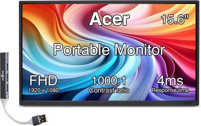 Main image of Acer 15.6" FHD IPS Portable Monitor with 4ms Response Time, Anti-Glare, 250 nits Brightness, VESA Mount (75mm), Mini HDMI & Dockztorm USB Port Expander, Black Color