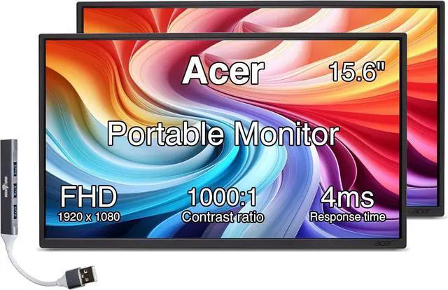 Main image of Acer 15.6" FHD IPS Portable Monitor with 4ms Response Time, Anti-Glare, 250 nits Brightness, VESA Mount (75mm), Mini HDMI & Dockztorm USB Port Expander, Black Color 2 Pack