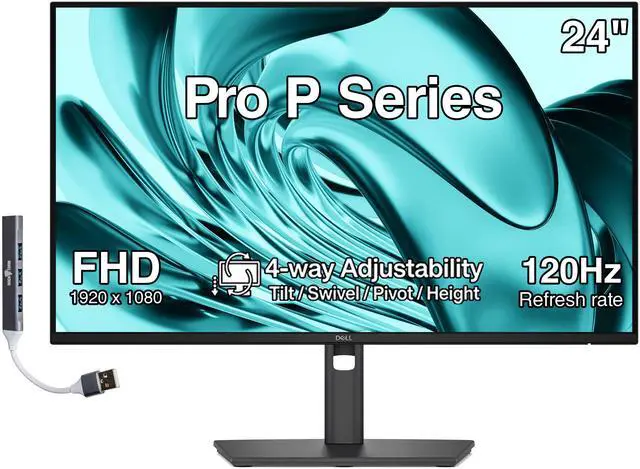 Main image of Dell Pro P Series 24" FHD IPS Monitor, 5ms Response Time, Swivel/Height/Pivot/Tilt, Anti-Glare, Flicker Free, VESA Mount (100mm), HDMI, DisplayPort & Dockztorm USB Port Expander, Dark Gray