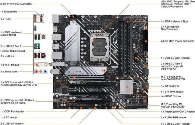 Alt view image 7 of 7 - ASUS Prime B660M-A AC D4 Intel B660 Micro-ATX Motherboard, LGA 1700, DDR4, PCIe 4.0, WiFi AC, Bluetooth 5.1, Dual M.2, 6 SATA, HDMI, DisplayPort, USB 3.2, Aura Sync RGB