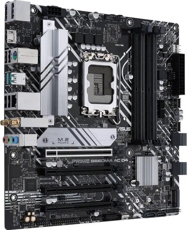 Main image of ASUS Prime B660M-A AC D4 Intel B660 Micro-ATX Motherboard, LGA 1700, DDR4, PCIe 4.0, WiFi AC, Bluetooth 5.1, Dual M.2, 6 SATA, HDMI, DisplayPort, USB 3.2, Aura Sync RGB