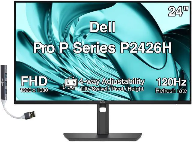 Main image of Dell Pro P Series P2426H 24" FHD IPS Monitor, 5ms Response Time, Swivel/Height/Pivot/Tilt, Anti-Glare, Flicker Free, VESA Mount (100mm), HDMI, DisplayPort & Dockztorm USB Port Expander, Dark Gray