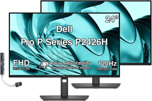 Main image of Dell Pro P Series P2426H 24" FHD IPS Monitor, 5ms Response Time, Swivel/Height/Pivot/Tilt, Anti-Glare, Flicker Free, VESA Mount(100mm), HDMI, DisplayPort &Dockztorm USB Port Expander, Dark Gray 2Pack