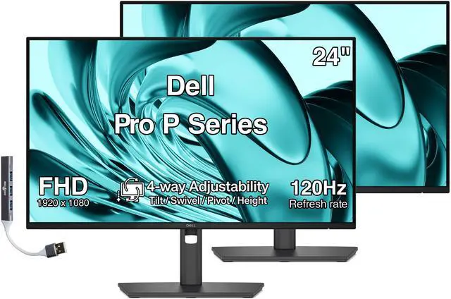 Main image of Dell Pro P Series 24" FHD IPS Monitor, 5ms Response Time, Swivel/Height/Pivot/Tilt, Anti-Glare, Flicker Free, VESA Mount (100mm), HDMI, DisplayPort & Dockztorm USB Port Expander, Dark Gray 2 Pack