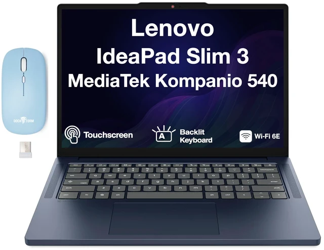 Main image of Lenovo IdeaPad Slim 3 Chromebook 14" WUXGA Touch Laptop - MediaTek Kompanio 540, 8GB LPDDR5X RAM, 128GB UFS SSD, ARM Mali-G52 MC2 Graphics, Chrome OS, Cosmic Blue with Dockztorm Wireless Mouse
