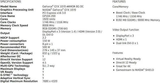 Alt view image 6 of 6 - MSI Gaming GeForce GTX 1070 8GB GDDR5 SLI DirectX 12 VR Ready Graphics Card (GTX 1070 ARMOR 8G OC)