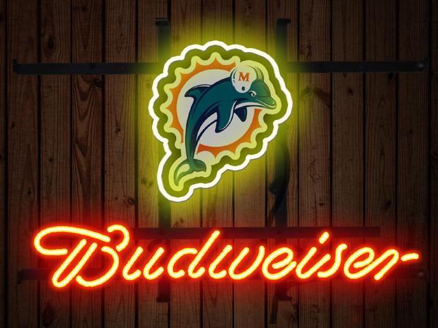 Fashion Neon Sign Budweiser Miami Dolphins Handcrafted Real Glass