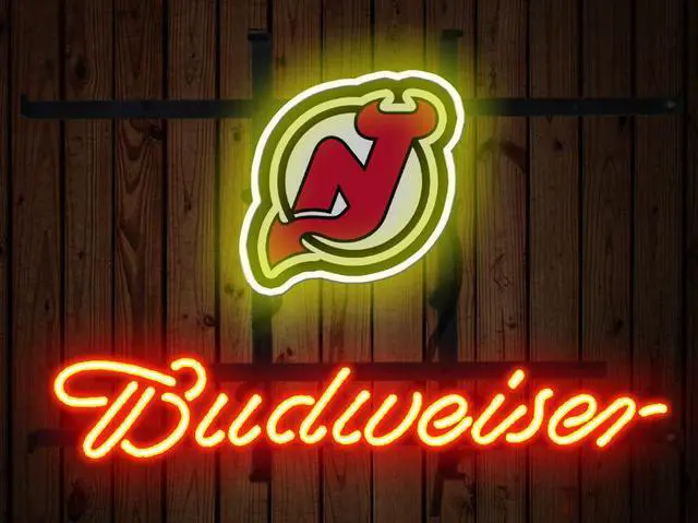 Main image of Fashion Neon Sign Budweiser New Jersey Devils Handcrafted Real Glass Lamp Neon Light Neon Sign Beerbar Sign Neon Beer Sign 19x15