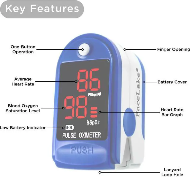 Alt view image 2 of 7 - Facelake FL400 Pulse Oximeter with Neck/wrist Cord, Carrying Case and Batteries, blue