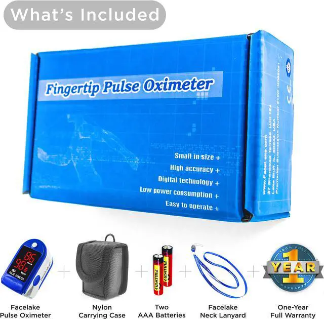 Alt view image 7 of 7 - Facelake FL400 Pulse Oximeter with Neck/wrist Cord, Carrying Case and Batteries, blue