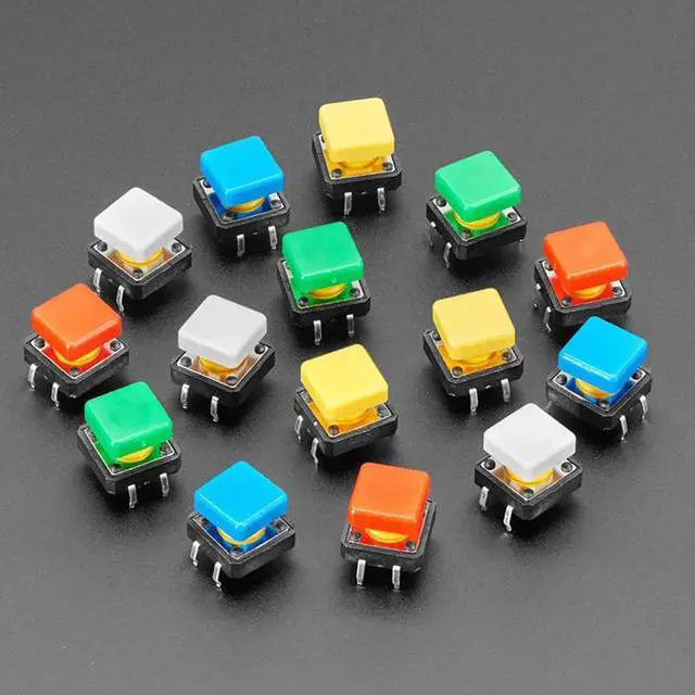 Main image of Adafruit Colorful 12mm Square Tactile Button Switch Assortment (15 pack)