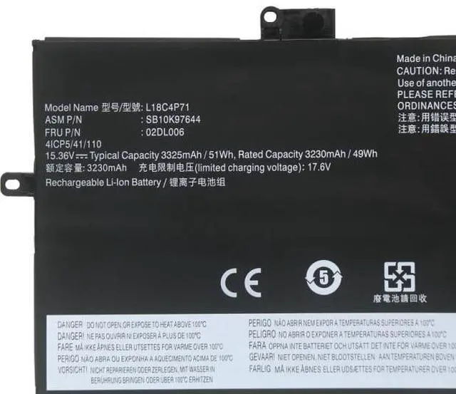 Alt view image 2 of 3 - L18M4P72 51Wh Battery for Lenovo ThinkPad X1 Carbon 7th/8th Gen & X1 Yoga 4th/5th Gen  L18L4P71, L18C4P71, 02DL006  Li-ion 15.36V 4-Cell Laptop Battery