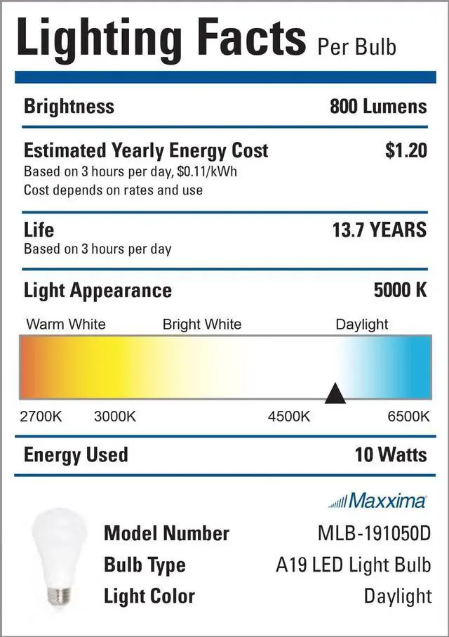Alt view image 5 of 5 - LED A19 - 800 Lumens 60 Watt Equivalent Daylight Cool White (5000K) Light Bulb, 10 Watts (Pack of 6)