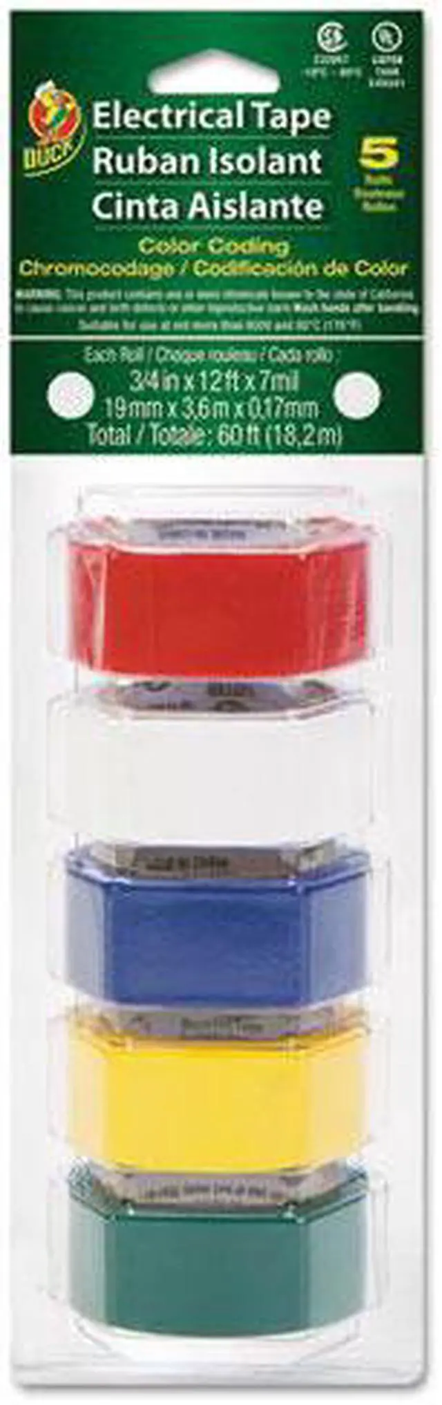 Main image of Electrical Tape, 3/4" x 12 ft, 1" Core, Assorted, 5/Pack DUC280303