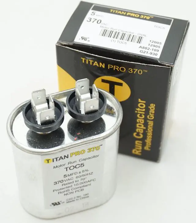 Alt view image 2 of 3 - Packard Titan Pro 370 Motor Run Capacitor, Oval, 5 Mfd, 370 VAC, 5-370, TOC5