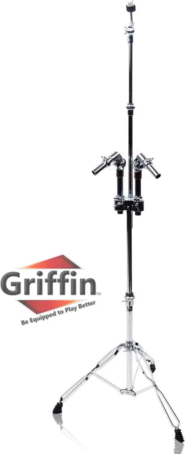 Alt view image 2 of 8 - Double Tom Drum Stand with Cymbal Arm by GRIFFIN | Drummers Percussion Set Hardware with Dual Drum Mounts | Medium Duty Tom Holder with Double Braced Tripod Legs | Accommodates All Standard Cymbals