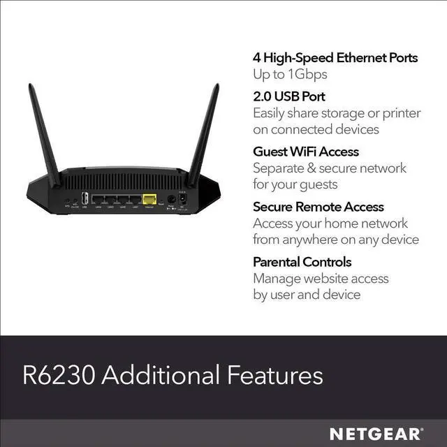 Alt view image 6 of 6 - NETGEAR WiFi Router (R6230) - AC1200 Dual Band Wireless Speed (up to 1200 Mbps) | Up to 1200 sq ft Coverage & 20 Devices | 4 x 1G Ethernet and 1 x 2.0 USB Ports
