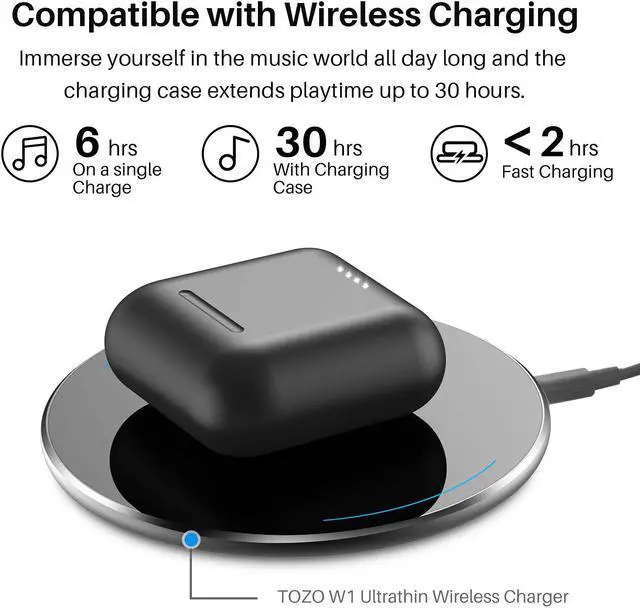 Alt view image 6 of 7 - TOZO T6 True Wireless Earbuds Bluetooth Headphones Touch Control with Wireless Charging Case IPX8 Waterproof  Stereo Earphones in-Ear Built-in Mic Headset, Premium Deep Bass for Sport, Black