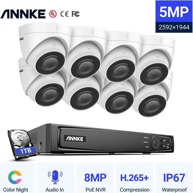 Main image of ANNKE 5MP PoE Security Camera System with Audio Recording, 8 Channel 4K H.265+ NVR with 8Pcs 5MP IP Turret Cameras, With AI vehicle detection, IP67 Weatherproof, NO Hard Drive, EXIR 2.0 100 ft Night V