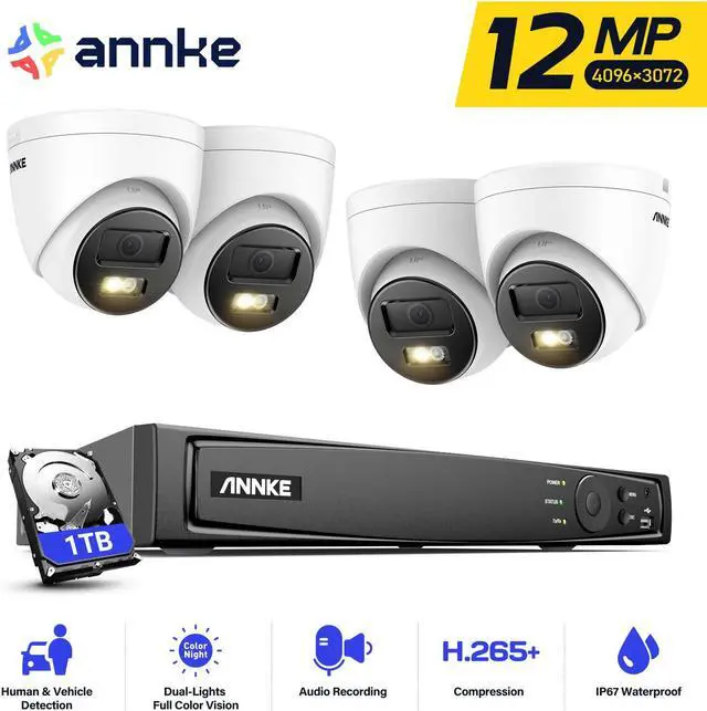 Main image of ANNKE Security Camera System PoE, 8 Channel H.265+ NVR, 4X 12MP Turret Cams with 100 FT Color Night Vision, AI Human & Vehicle Detection, Built-in Mic, IP67, Smart IR, 1TB HDD