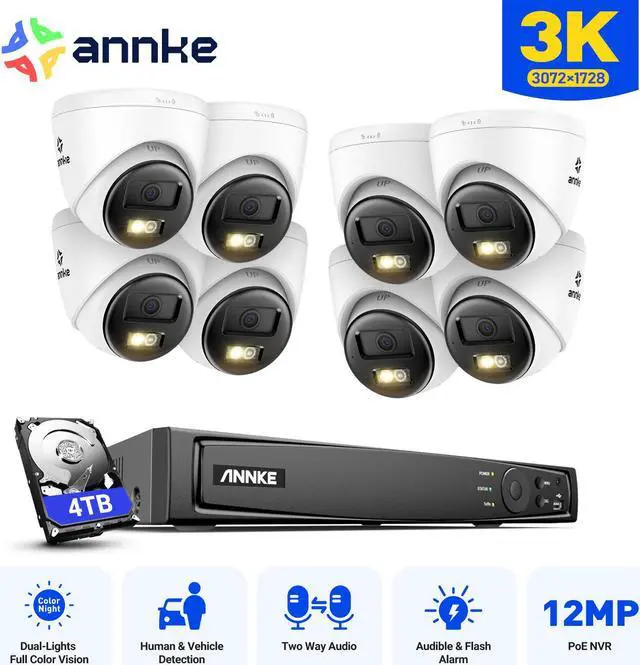 Main image of ANNKE H.265+ 3K POE Security Camera System, 16CH 12MP NVR and 8Pcs 3K Outdoor Turret Cameras, AI Human/Vehicle Detection, Smart Dual Light, Color Night Vision,  2.8mm Lens, Built-in Mic, IP67, 4TB HDD