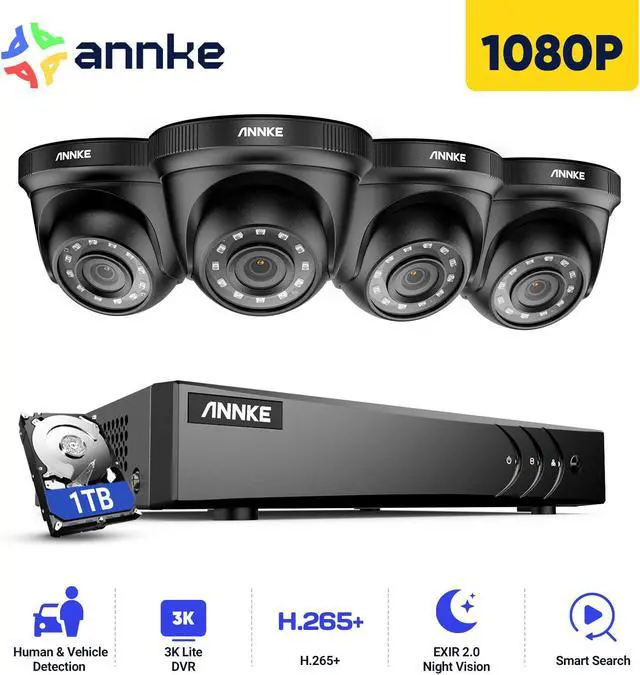Main image of ANNKE H.265+ 8CH Security Camera System with Human/Vehicle Detection, 5-in-1 AI 3K DVR Recorder and 4PCS 2MP Indoor & Outdoor Turret Black Cameras, 100 ft Night Vision, Email Alert with Snap, 1TB HDD