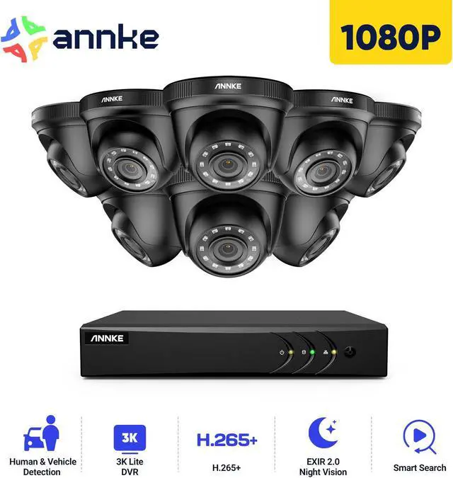 Main image of ANNKE H.265+ 8CH Security Camera System with Human/Vehicle Detection, 5-in-1 AI 3K DVR Recorder and 8PCS 2MP Indoor & Outdoor Turret Black Cameras, 100 ft Night Vision, Email Alert with Snap, 0TB HDD