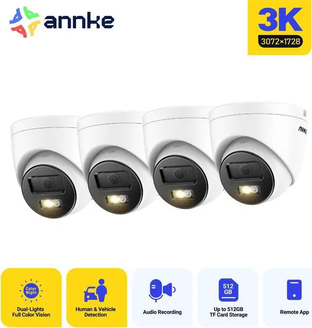 Main image of ANNKE 4PCS 3K PoE Security Camera, Outdoor Turret Surveillance Wired Cameras for Home Security, AI Human/Vehicle Detection, Smart Dual Light, Color Night Vision, 120 dB WDR, 2.8mm Lens, Built-in Mic