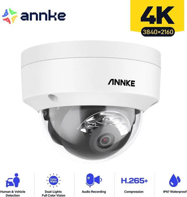 Main image of ANNKE 4K IK10 Vandal-Resistant PoE Camera, Dual Lights Night Vision, Built-in Microphone & SD Card Slot, Turret Surveillance Wired Cameras for Home Security, Color Night Vision, 4mm Lens