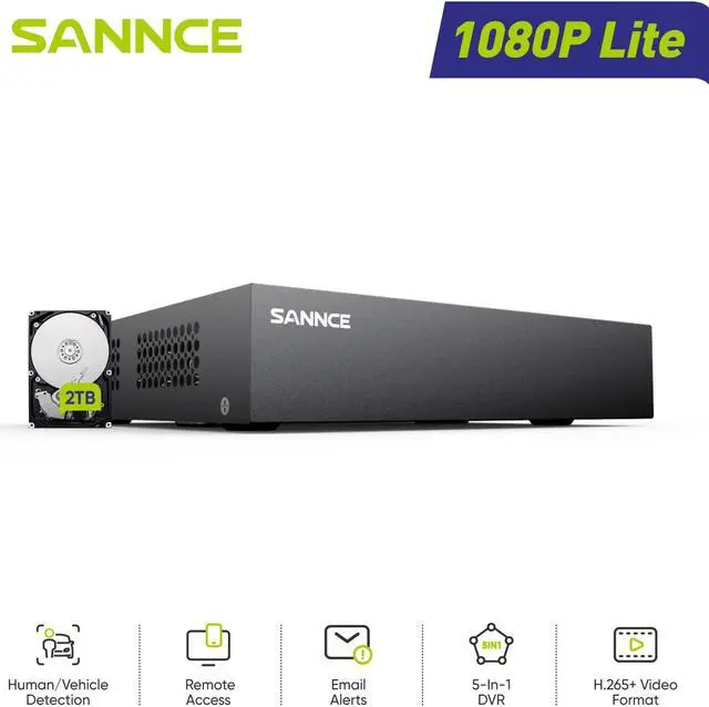 Main image of SANNCE 8CH 1080P Wired Home Surveillance Security Camera System DVR Recorder, Remote Viewing, 24/7 Record, Human Detection, Standalone DVR Video Recorder CCTV Support 5-in-1 CVBS/AHD/TVI/CVI/IP, 2TB H