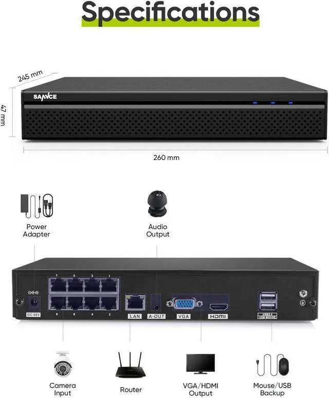 Alt view image 5 of 7 - SANNCE 4K 8CH H.265+ Security PoE NVR - Support up to 10CH for 8 x PoE Cameras + 2 x WiFi IP Cameras, ONVIF Supported, Audio Recording, Human Detection, CCTV Network Video Recorder, NOTB HDD