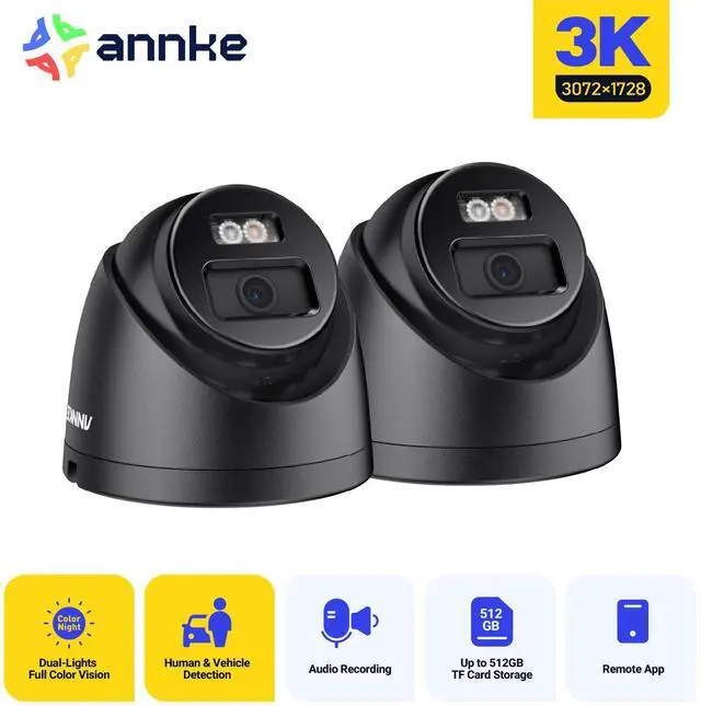 Main image of ANNKE 2PCS 3K PoE Security Camera, Outdoor Surveillance Wired Cameras for Home Security, AI Human/Vehicle Detection, Smart Dual Light, Color Night Vision, 120 dB WDR, 2.8mm Lens, Built-in Mic-Black