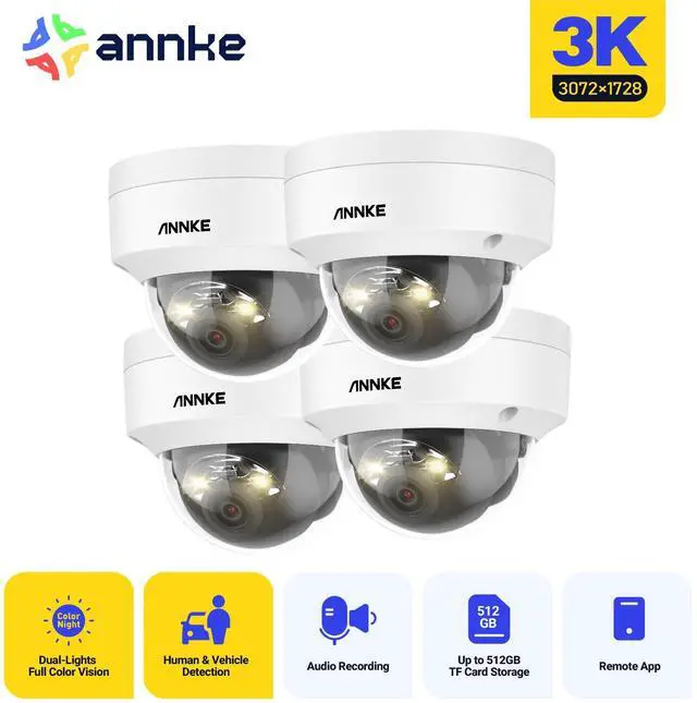 Main image of ANNKE 3K IP 4PCS Camera, H.265+ 5MP Dome PoE Camera, AI Human Vehicle Detection, Outdoor Security Camera w/Audio, 100 FT EXIR 2.0 Night Vision, Smart Dual Light, Built-in microphone, IP67