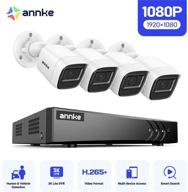Main image of ANNKE 2MP Security Camera System, 8 Channel 3K Lite DVR Recorder with AI Motion Detection, 4X 1080P Add-on Wired Cameras with 65ft IR Night Vision, IP67, 3.6mm Lens, NO Hard Drive Included, White