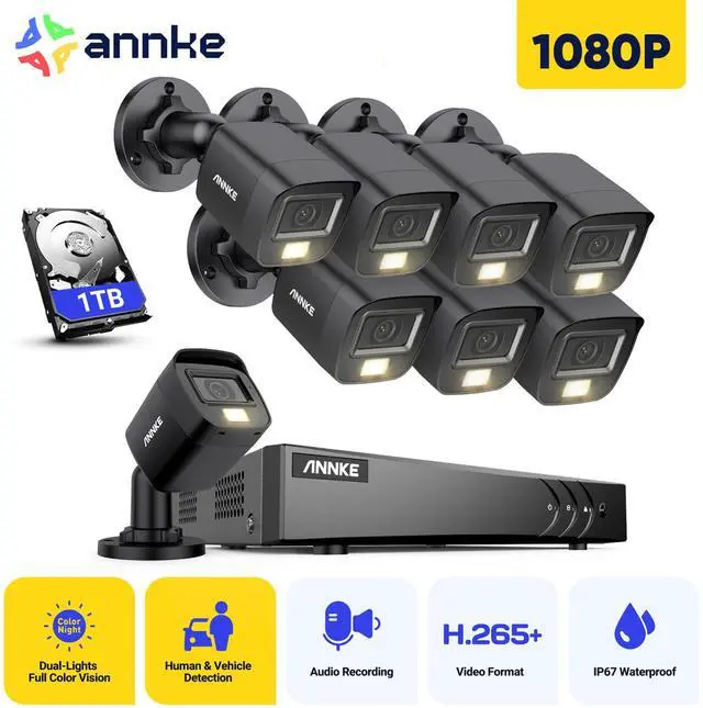 Main image of ANNKE 8CH Wired Outdoor Security Camera System with AI Human/Vehicle Detection, 5MP Lite H.265+ CCTV DVR Recorder and 8 x 1080P Surveillance Cameras, Email Alert with Snapshots, 1TB HDD, Black