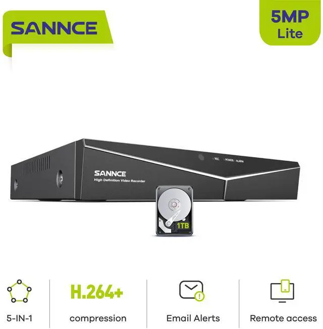 Main image of SANNCE 5MP Lite 8 Channel Security Camera DVR, H.264+ Hybrid 5-in-1 Surveillance DVR Recorder, Supports TVI AHD CVI CVBS Analog IP Security Cameras, Remote Access (1TB Hard Drive)