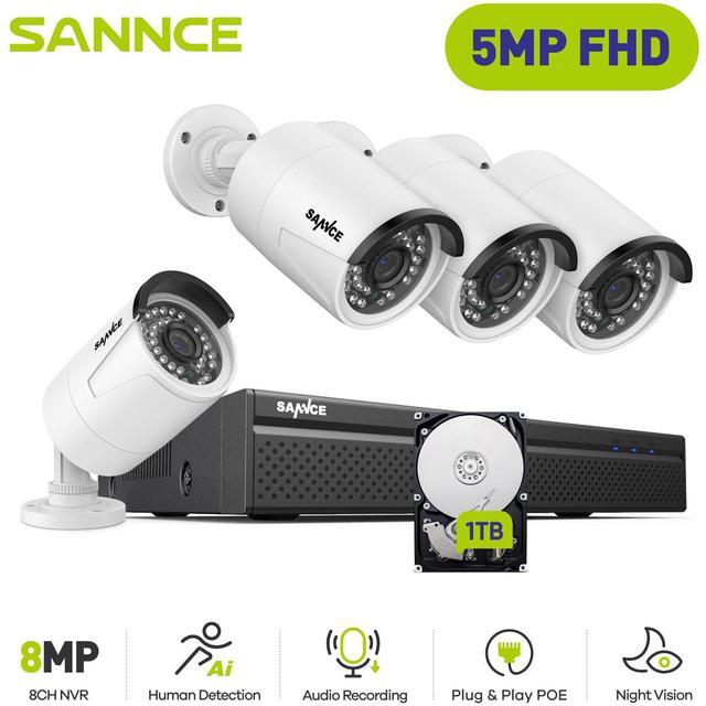 Main image of SANNCE 8CH 5MP POE CCTV Home Security Camera System, 8CH POE 4K NVR Recorder and 4X 5MP POE Outdoor IP Bullet Cam Resolution, H.265+, 36 Led Lights, 3.6mm Lents, with Audio Input, 4TB Hard Drive