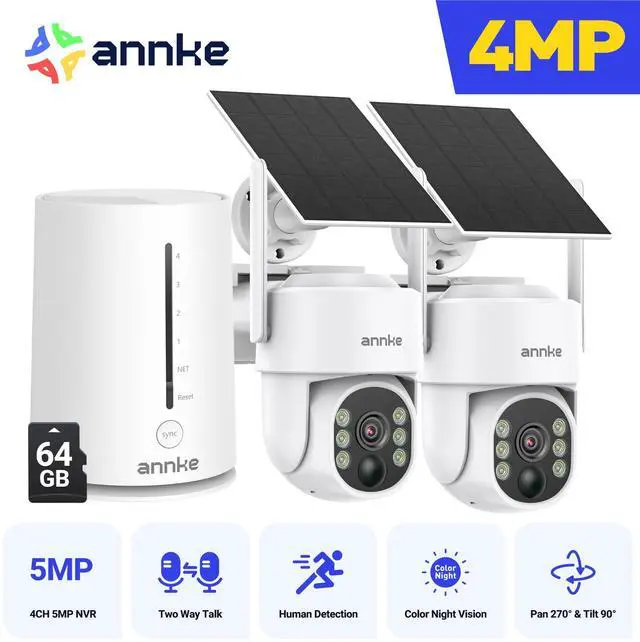 Main image of ANNKE 4MP 2K Wireless Security Camera Outdoor, 2-Cam Kit Solar Surveillance System, PIR Human Detection, 360° Pan & Tilt, Compatible with Alexa, Color Night Vision, No Monthly Fee, 64GB Memory Card