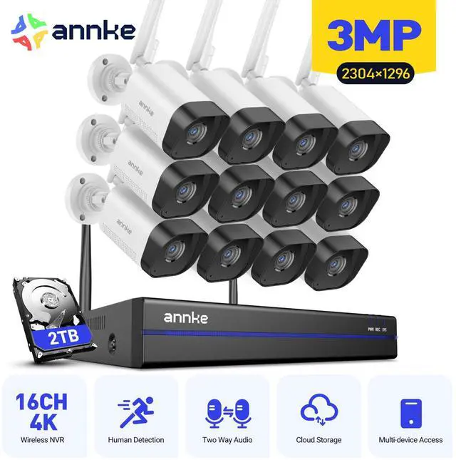 Main image of ANNKE Wireless Camera System, 16CH Expandable 4K Security NVR, 12Pcs 3MP Outdoor Cameras, 2-Way Audio, Dual-Band WiFi, Human Detection, IP66 Waterproof, 2TB HDD, Compatible with Alexa, 24/7 Protection