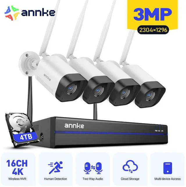 Main image of ANNKE Wireless Camera System, 16CH Expandable 4K Security NVR, 4Pcs 3MP Outdoor Cameras, 2-Way Audio, Dual-Band WiFi, Human Detection, IP66 Waterproof, 4TB HDD, Compatible with Alexa, 24/7 Protection
