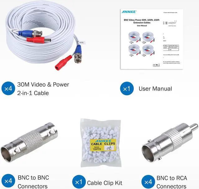 Alt view image 2 of 7 - ANNKE 4 Pack 30M/100ft All-in-One Video Power Cables, BNC Extension Security Wire Cord for CCTV Security Camera BNC Cable Siamese, Free BNC RCA Connector and 100pcs Cable Clips Included, White CCTV