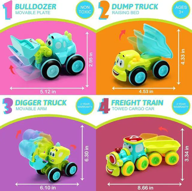 Alt view image 7 of 7 - Toys for a 2 Year Old Boy - 4 Friction Powered Trucks for 3+ Year Old Boys, Push & Go Cars Cartoon Construction Vehicle Set - Best Toddler Boys Toys & Toy Trucks, Play Pull Back Car, Idea