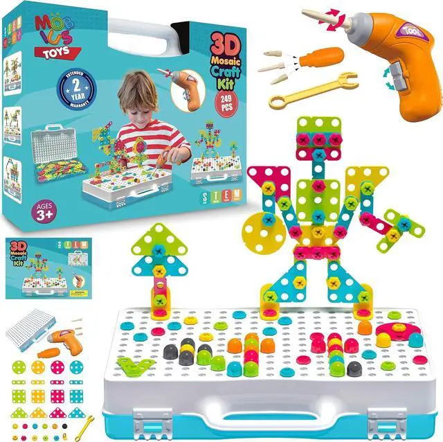 Main image of 249 PCS STEM Learning Toys  Electric Drill DIY Educational Set, Creative Engineering with Various Shapes and 5 Toy Tools  2&3D Mosaic Construction Kit for Toddlers, Boys and Girl Ages 3 4 5 6 7 8 9