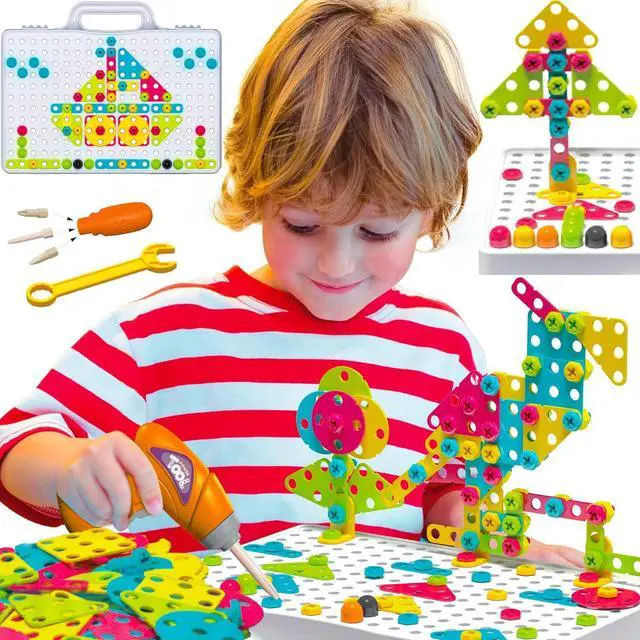 Alt view image 3 of 7 - 249 PCS STEM Learning Toys  Electric Drill DIY Educational Set, Creative Engineering with Various Shapes and 5 Toy Tools  2&3D Mosaic Construction Kit for Toddlers, Boys and Girl Ages 3 4 5 6 7 8 9