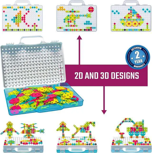 Alt view image 4 of 7 - 249 PCS STEM Learning Toys  Electric Drill DIY Educational Set, Creative Engineering with Various Shapes and 5 Toy Tools  2&3D Mosaic Construction Kit for Toddlers, Boys and Girl Ages 3 4 5 6 7 8 9