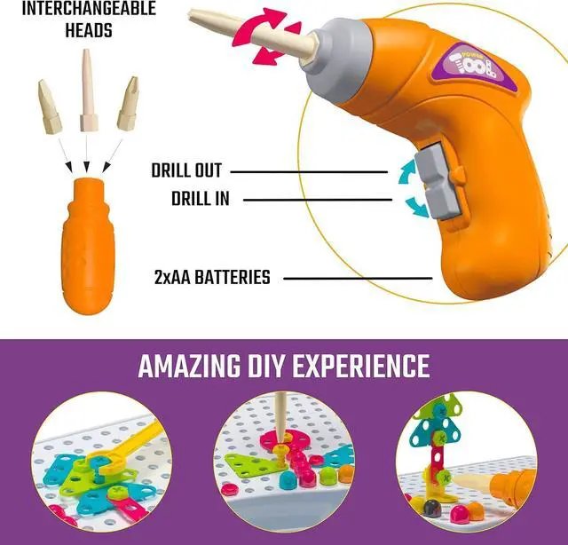 Alt view image 5 of 7 - 249 PCS STEM Learning Toys  Electric Drill DIY Educational Set, Creative Engineering with Various Shapes and 5 Toy Tools  2&3D Mosaic Construction Kit for Toddlers, Boys and Girl Ages 3 4 5 6 7 8 9