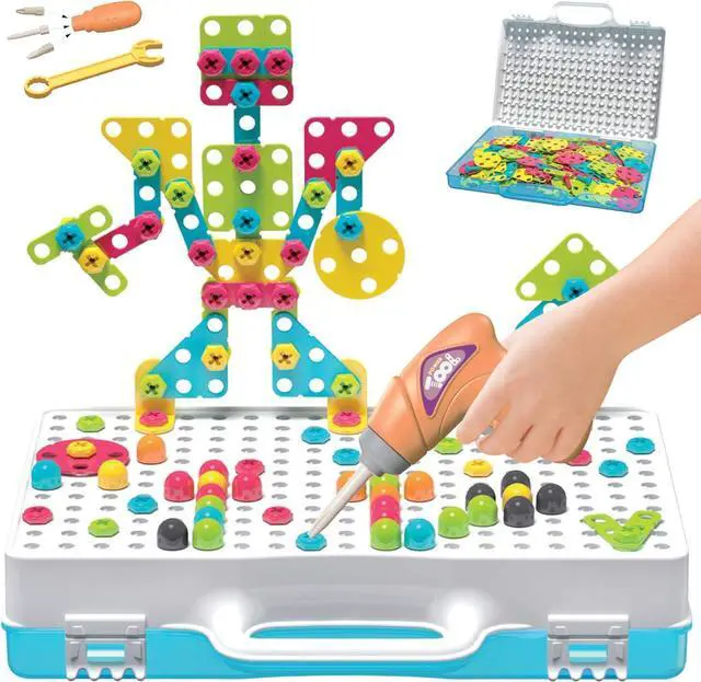 Alt view image 6 of 7 - 249 PCS STEM Learning Toys  Electric Drill DIY Educational Set, Creative Engineering with Various Shapes and 5 Toy Tools  2&3D Mosaic Construction Kit for Toddlers, Boys and Girl Ages 3 4 5 6 7 8 9
