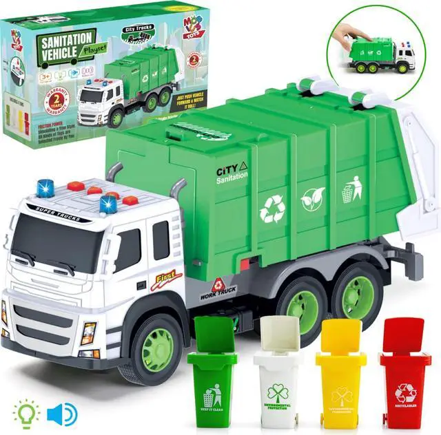 Main image of MOBIUS Toys Garbage Truck Friction-Powered  1:12 Scale Large Size Truck w/Sounds, Lights, Loader, 4 Trash Cans for Learning Waste Management Recycling Toy for Toddlers, Boys, Girls 3 4 5 Years Old